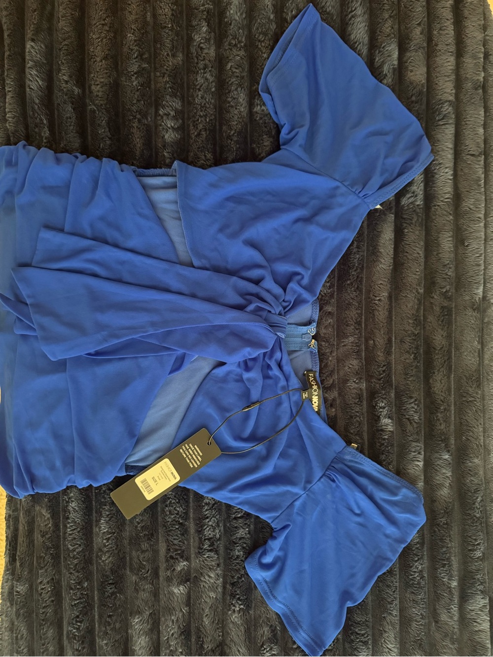 Fashion Nova Royal Blue Off-Shoulder Tie-Front Blouse